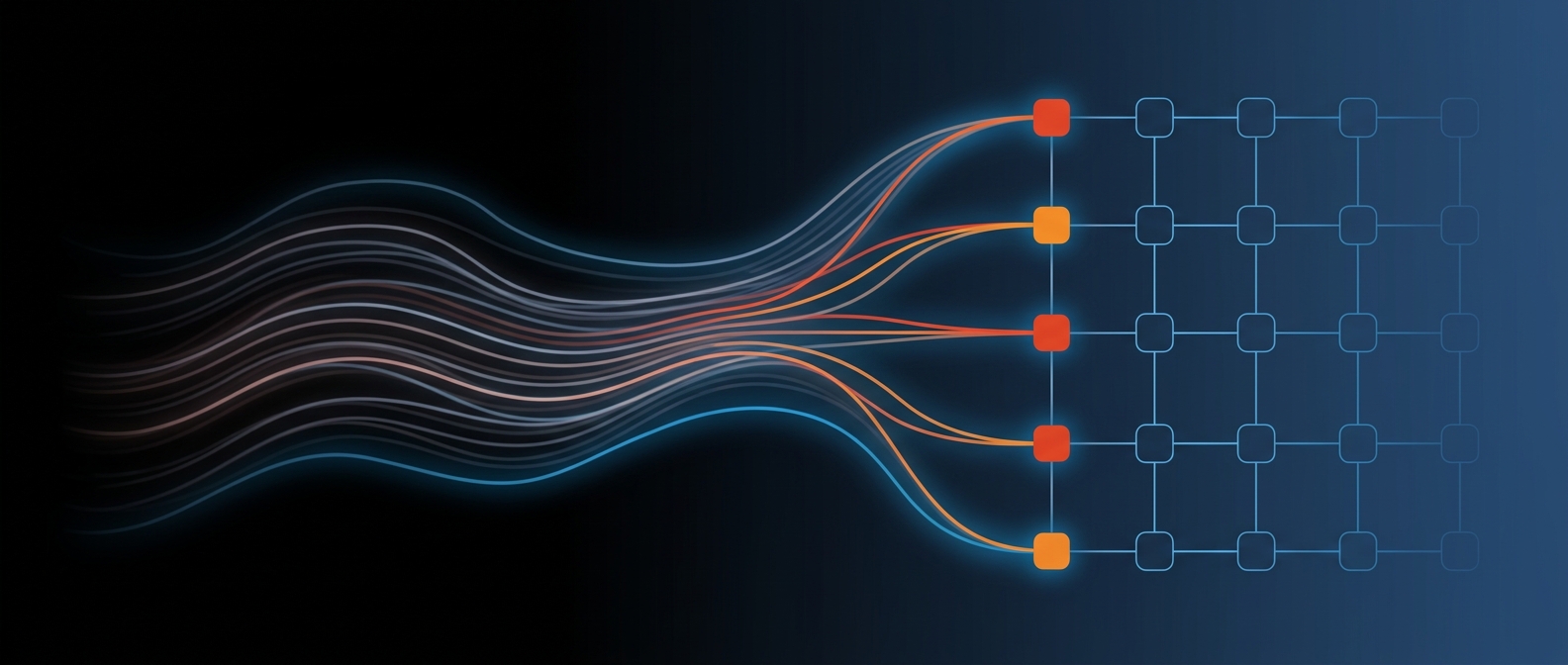 Abstract dark hero image with flowing lines resolving into a structured grid, representing natural language query.