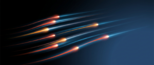Abstract dark hero image with parallel data channels carrying moving pulses, representing near real-time analytics.