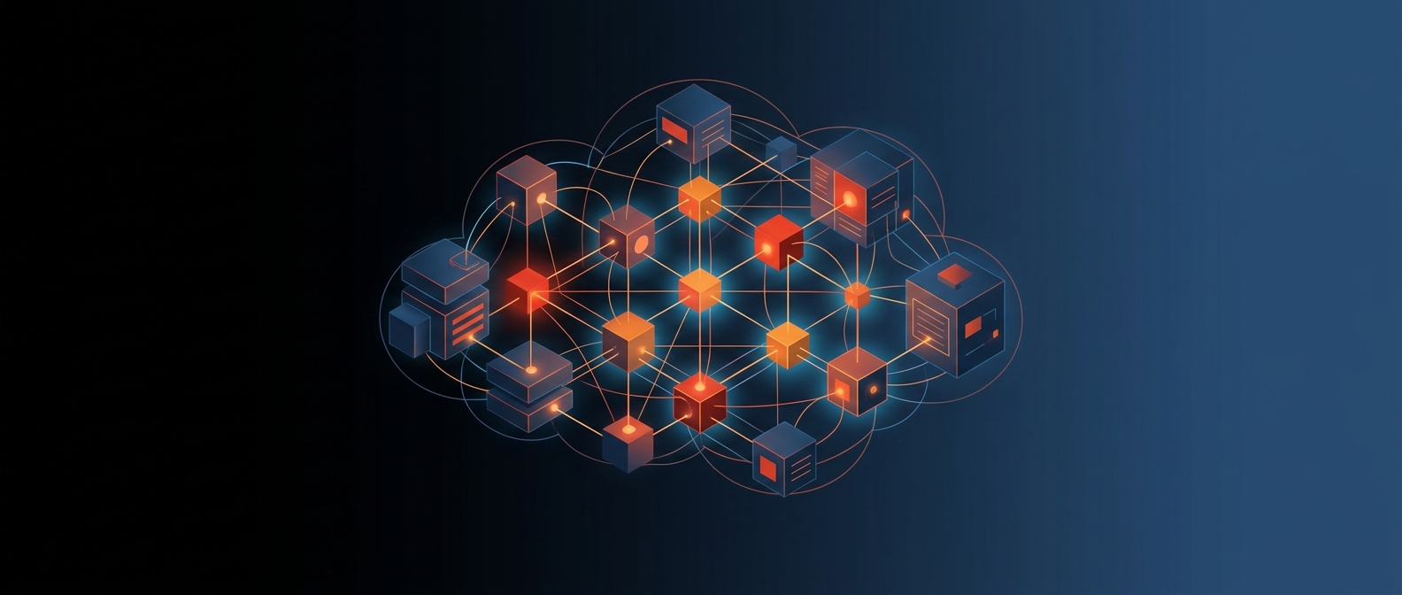 Abstract dark hero image with interconnected cloud modules, representing a unified cloud ERP system.