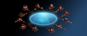 Abstract dark hero image with one unified luminous data lake feeding many connected workloads, representing OneLake.