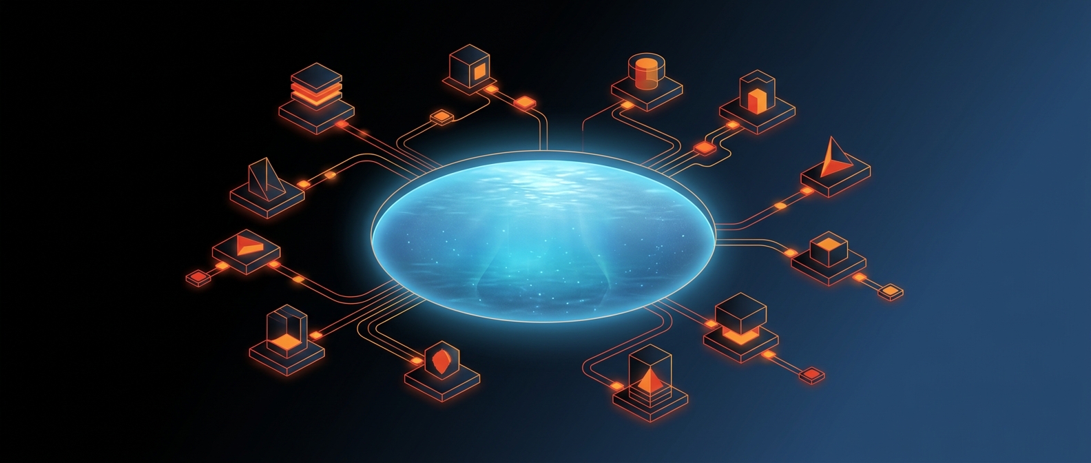 Abstract dark hero image with one unified luminous data lake feeding many connected workloads, representing OneLake.