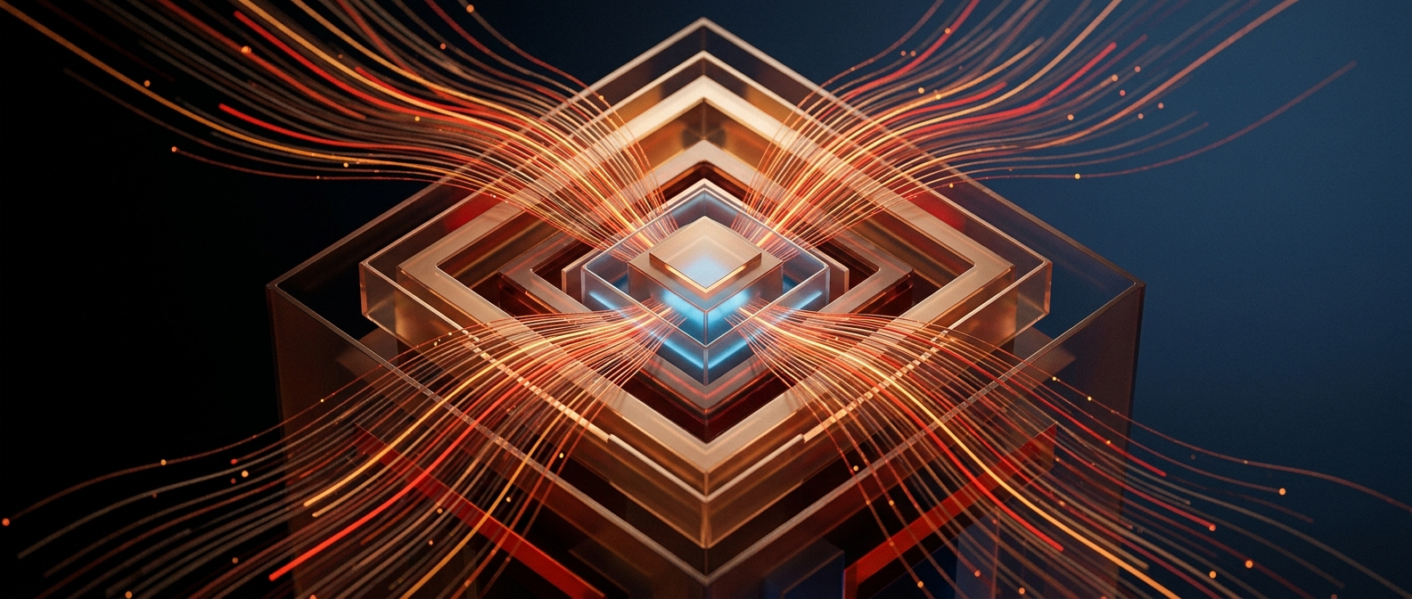 Abstract dark hero image with financial data streams consolidating into a core, representing OneStream analytics.