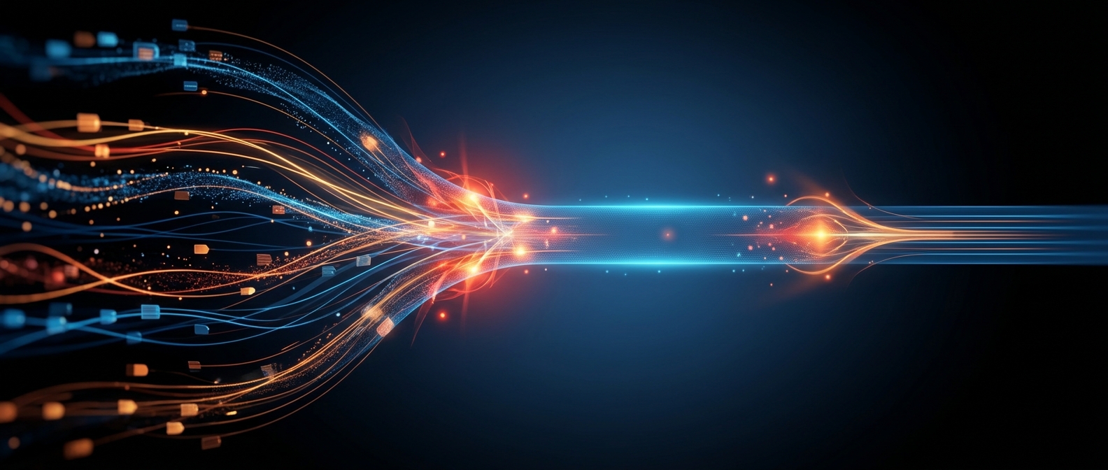 Abstract dark hero image with multiple source streams merging into one integrated layer, representing an operational data store.