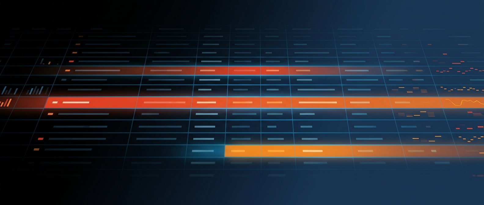 Abstract dark hero image with a grid of detailed current report rows, representing operational reporting.