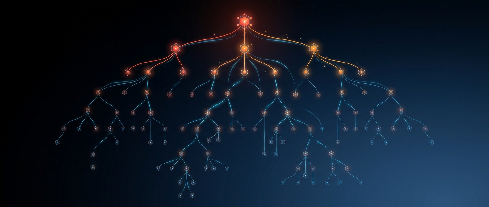 Abstract dark hero image with a branching tree of nodes at varying depths, representing a parent-child hierarchy.