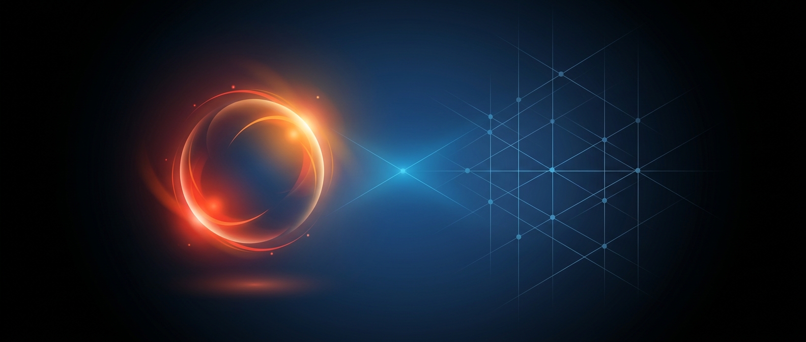 Abstract dark hero image with a glowing AI spark linked to a structured data grid, representing Power BI Copilot.