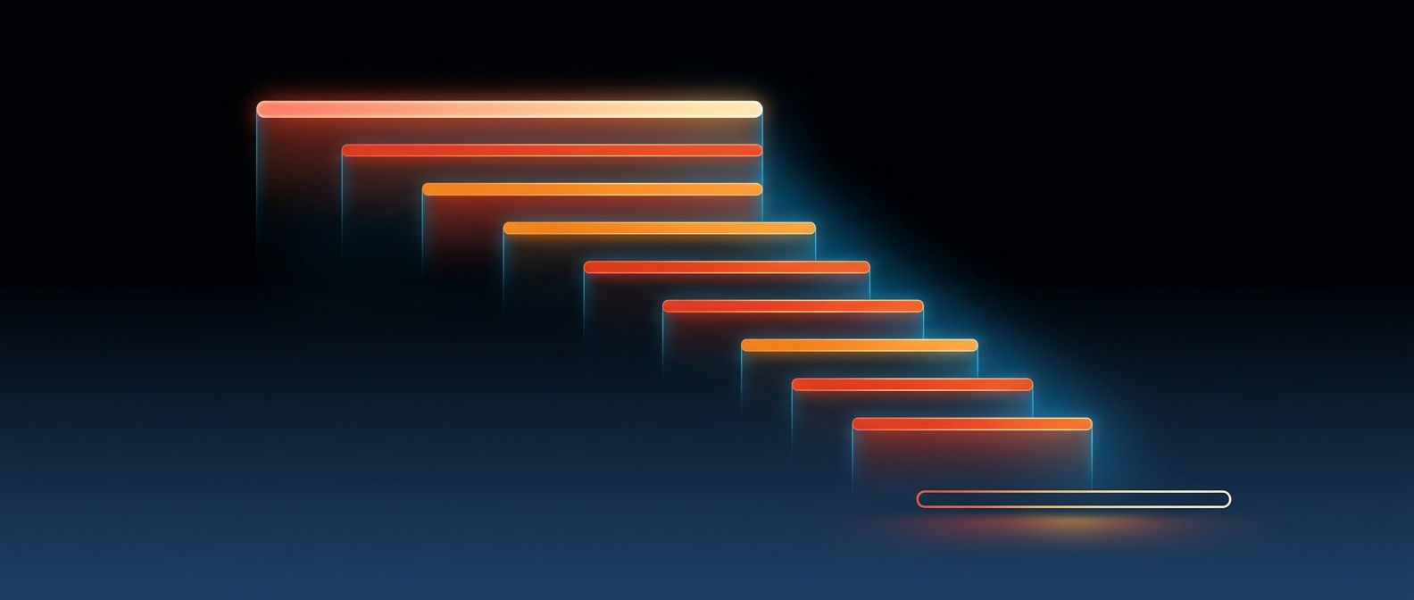 Abstract dark hero image with a stepped cascade of bars descending from wide to narrow, representing a profit and loss statement.