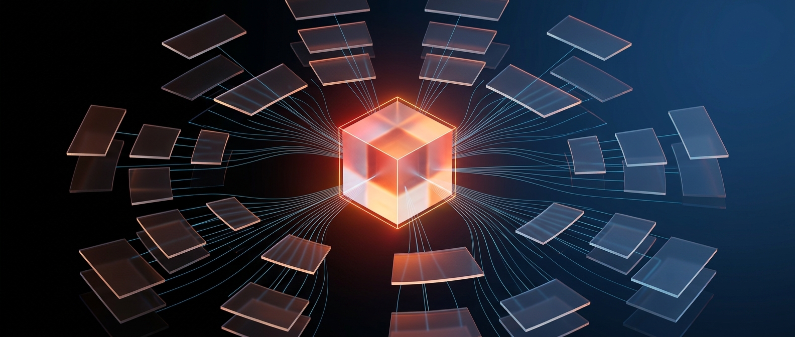 Abstract dark hero image with one central data model cube feeding many report panels, representing a Power BI enterprise dataset.
