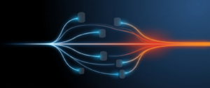 Abstract dark hero image with one query branching to several data sources and converging into a combined result, representing query federation.