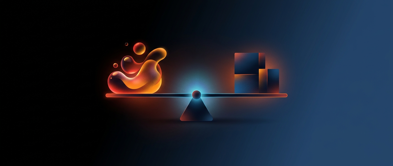 Abstract dark hero image with a balanced scale weighing liquid assets against liabilities, representing the quick ratio.