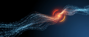 Abstract dark hero image with a live stream of events instantly updating a glowing pulse, representing real-time analytics.