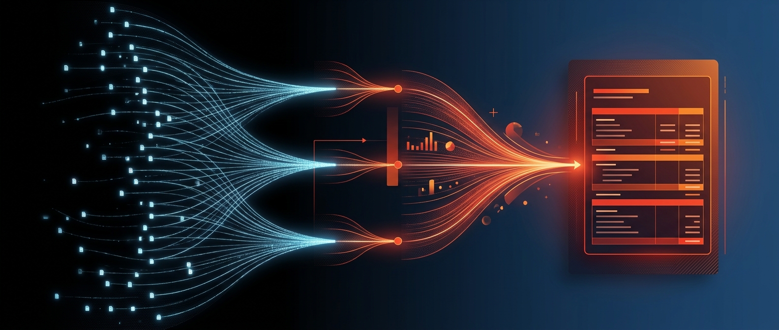 Abstract dark hero image with transaction entries consolidating into a finished financial statement, representing record-to-report.