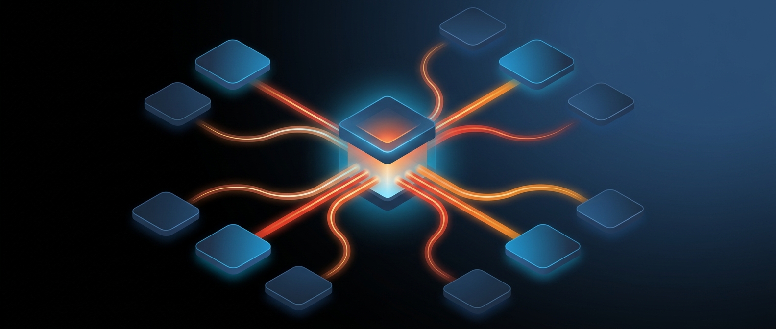 Abstract dark hero image with a central warehouse sending data outward to surrounding operational apps, representing reverse ETL.