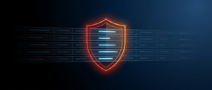 Abstract dark hero image with a shield filtering which data rows pass through to a viewer, representing row-level security.