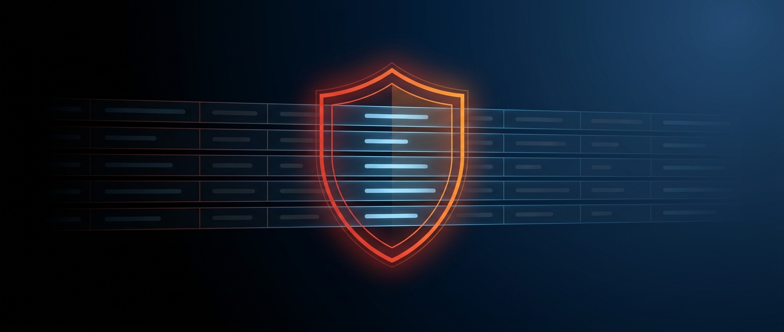 Abstract dark hero image with a shield filtering which data rows pass through to a viewer, representing row-level security.