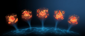 Abstract dark hero image with several users independently building reports from a shared foundation, representing self-service analytics.