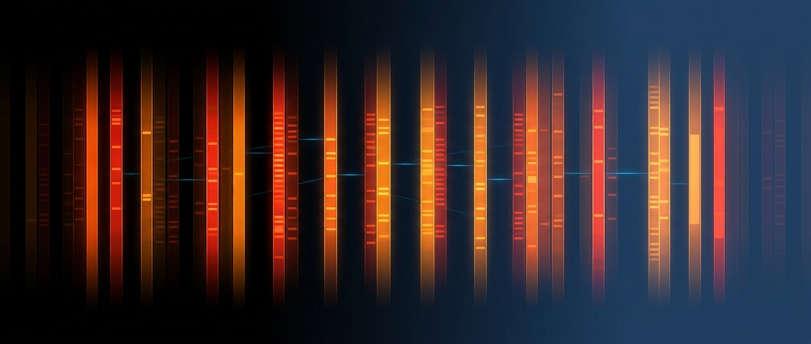 Abstract dark hero image with tightly packed luminous data columns connected by relationship lines, representing a tabular model.
