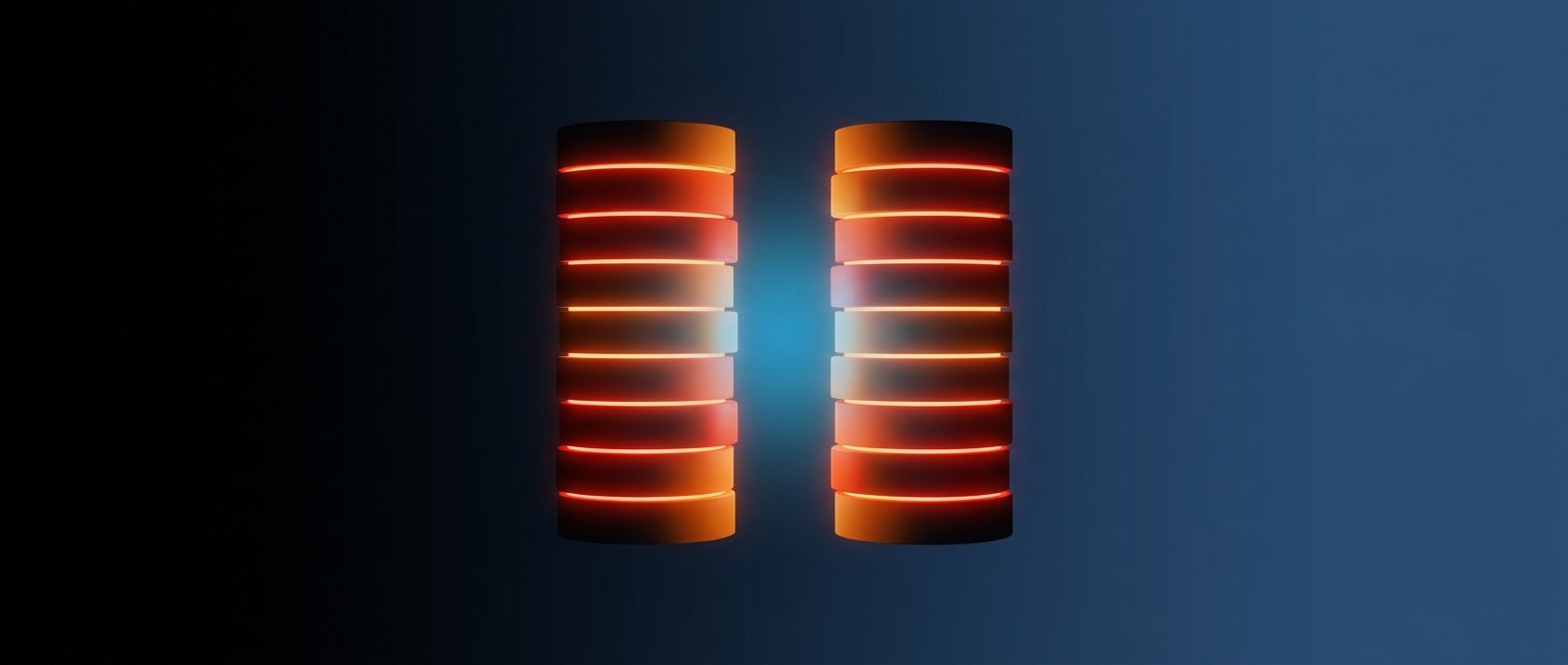 Abstract dark hero image with two balanced columns of account blocks in equilibrium, representing a trial balance.