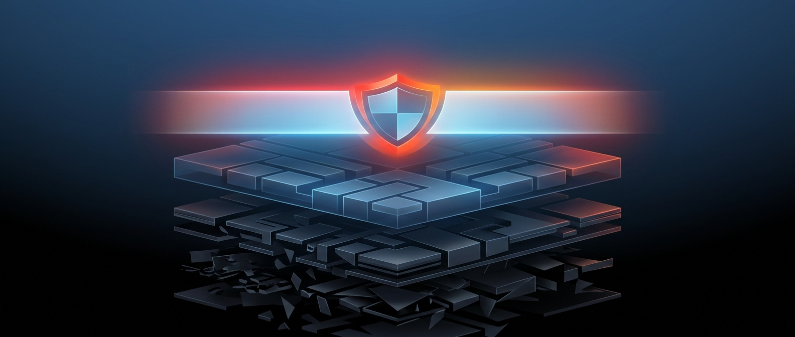 Abstract dark hero image with layered data rising from raw fragments to one clean certified top layer, representing a trusted data layer.