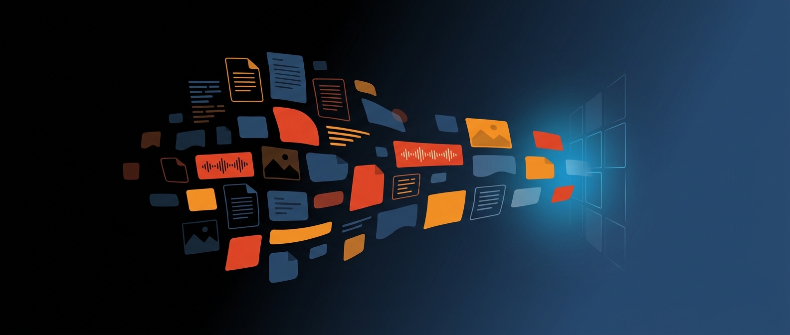 Abstract dark hero image with a free-form cloud of document, image, and audio fragments, representing unstructured data.
