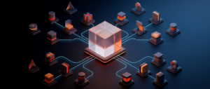 Abstract dark hero image with a central blank catalog hub governing data assets with connection lines, representing Unity Catalog.
