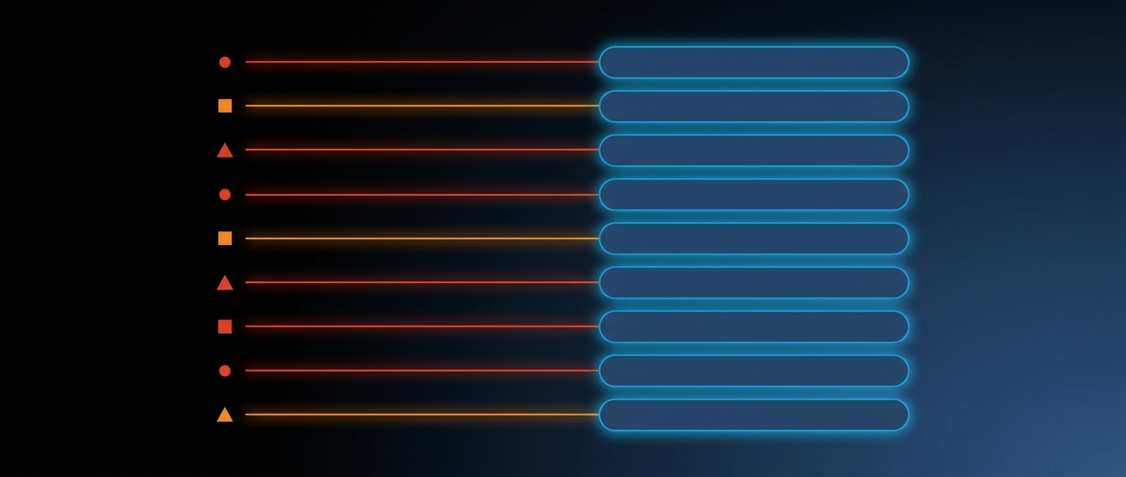 Abstract dark hero image with abstract symbol tokens mapped by lines to plain colored bars, representing user defined codes.
