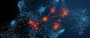 Abstract dark hero image with a cloud of points clustering by similarity and a query point linked to nearest neighbors, representing a vector database.