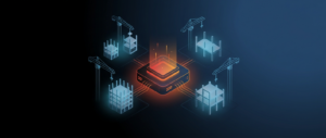Abstract dark hero image with construction project structures feeding a central data core, representing the Viewpoint Vista construction ERP.