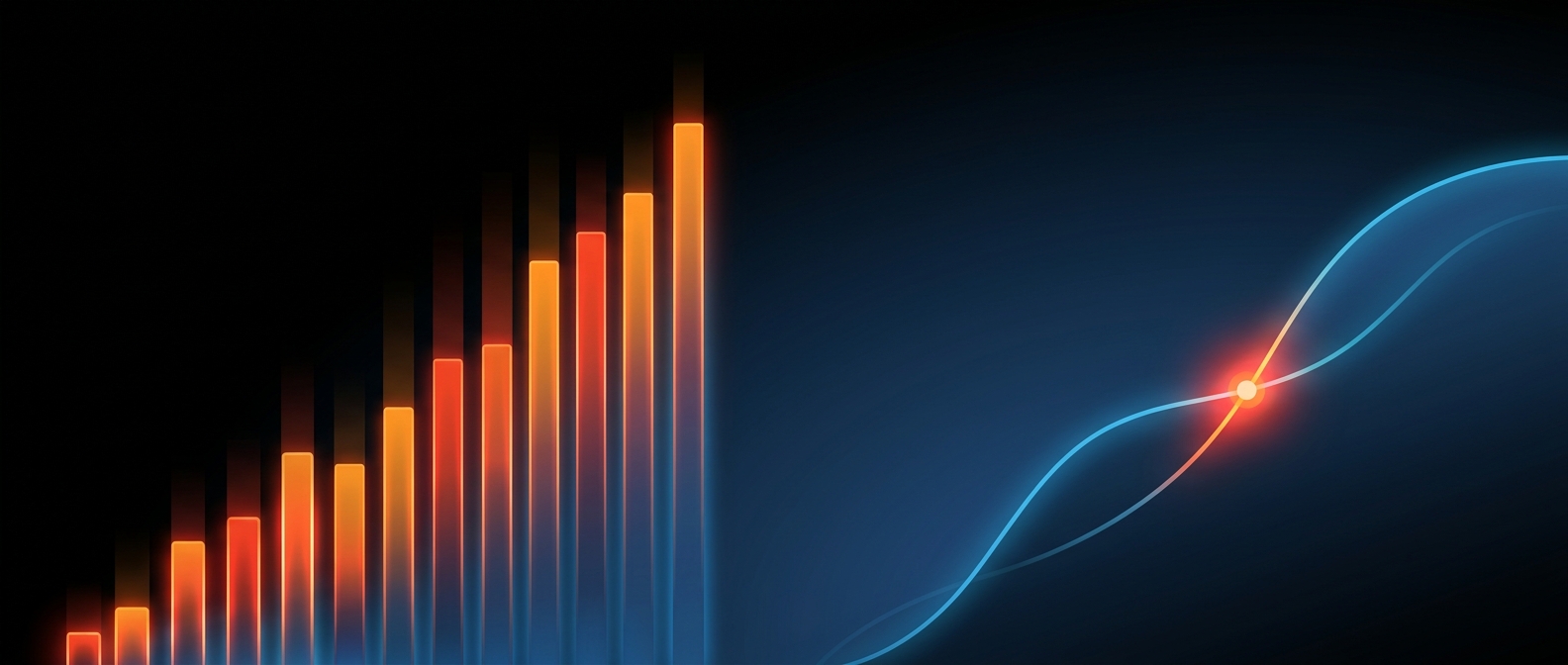 Abstract dark hero image with cost bars and a progress curve comparing work completed to billed, representing Vista job cost and WIP reporting.