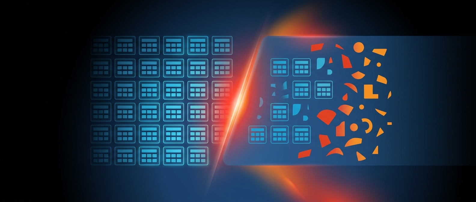 Abstract dark hero image split between an orderly structured grid and a broader unified pool, representing data warehouse vs lakehouse.