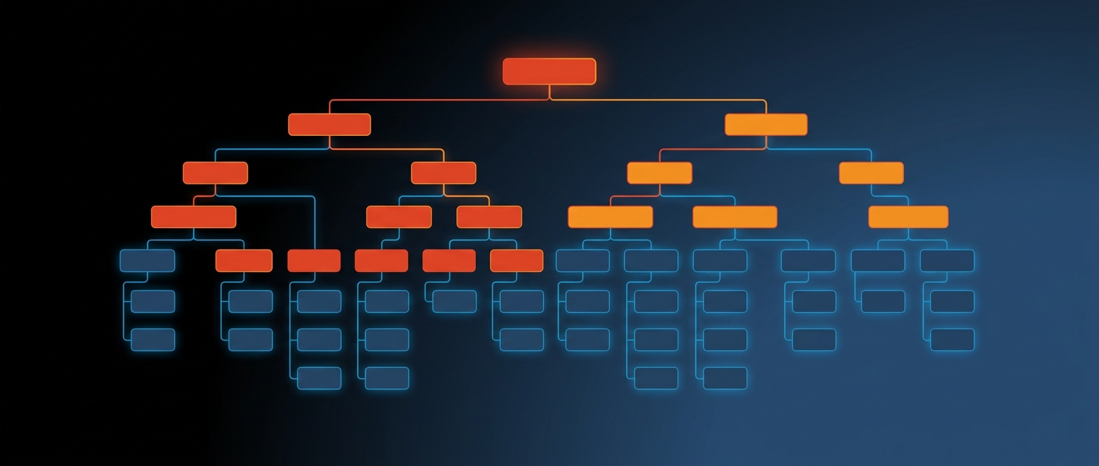 Abstract dark hero image with a hierarchical tree decomposing into work-package blocks, representing a work breakdown structure.