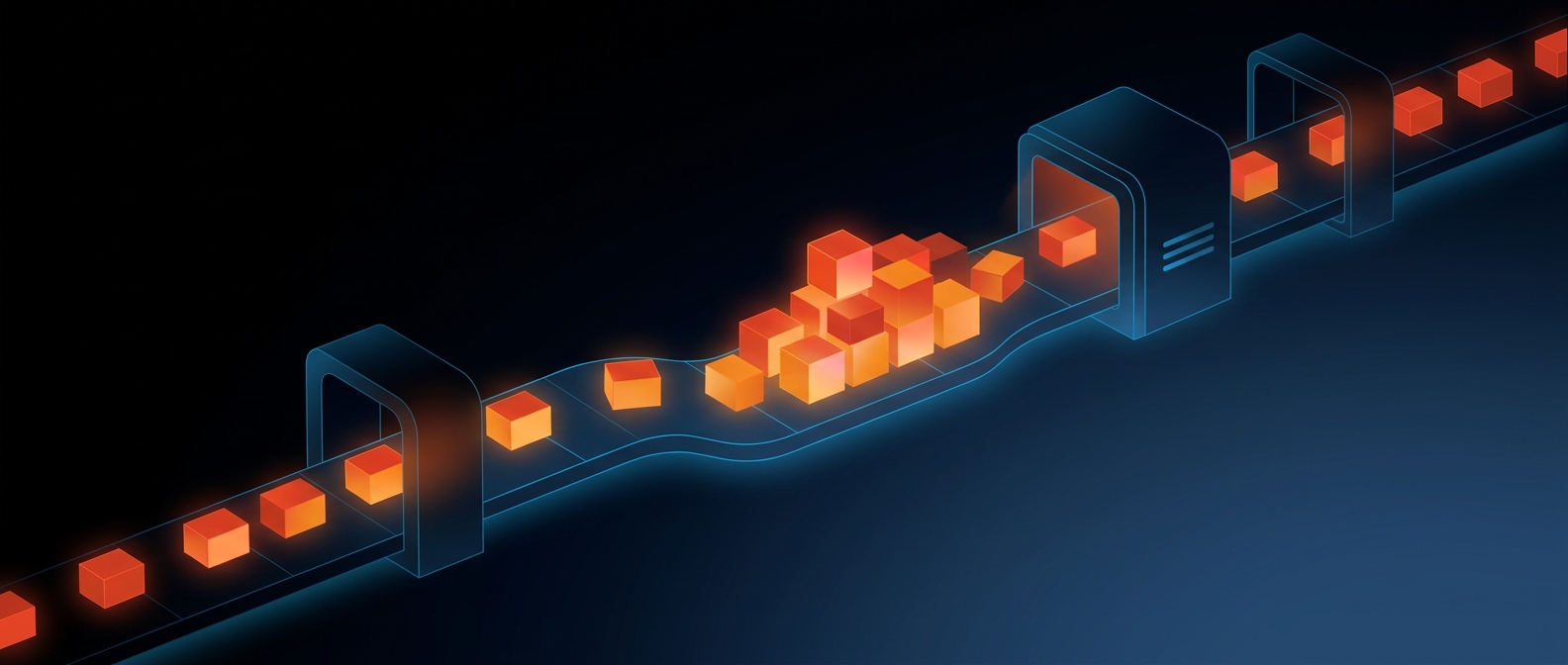 Abstract dark hero image with partially completed blocks moving through a production line, representing work-in-process analytics.