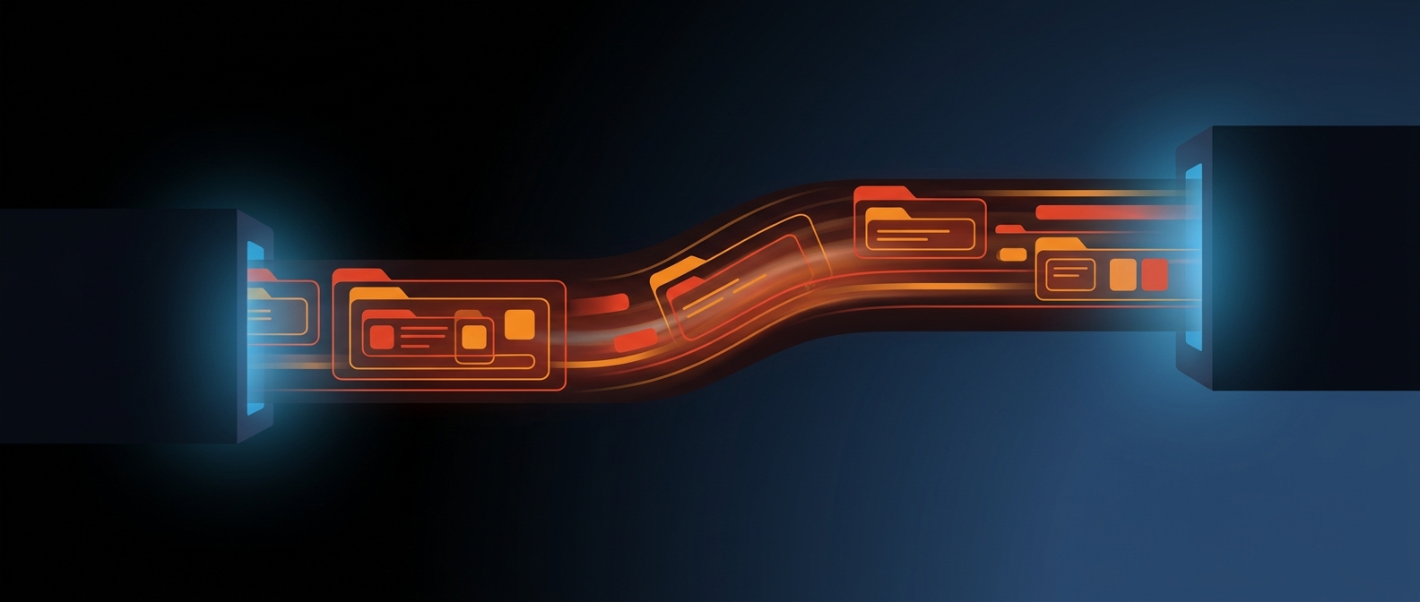Abstract dark hero image with nested tagged data containers flowing between two systems, representing XML data feeds.