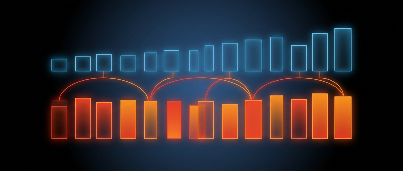 Abstract dark hero image with two years of bars aligned by period and linked by comparison arcs, representing year-over-year analysis.