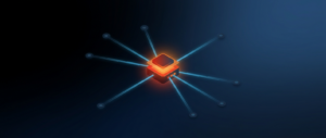 Abstract dark hero image with one central data source shared to multiple recipients via access beams, representing zero-copy data sharing.