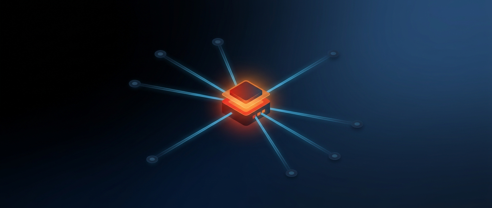 Abstract dark hero image with one central data source shared to multiple recipients via access beams, representing zero-copy data sharing.