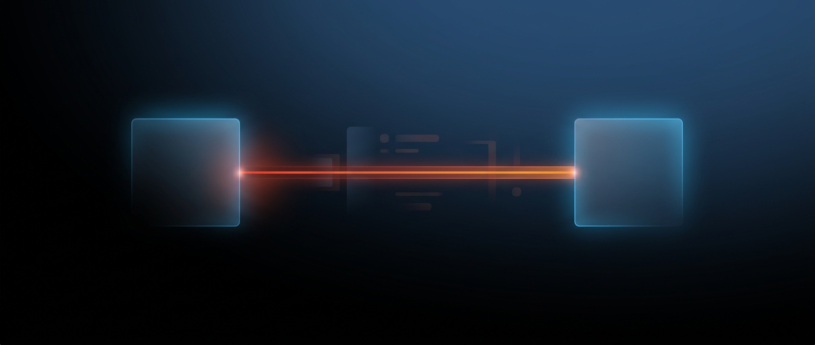 Abstract dark hero image with a source connected directly to an analytics destination with minimal pipeline, representing zero ETL.