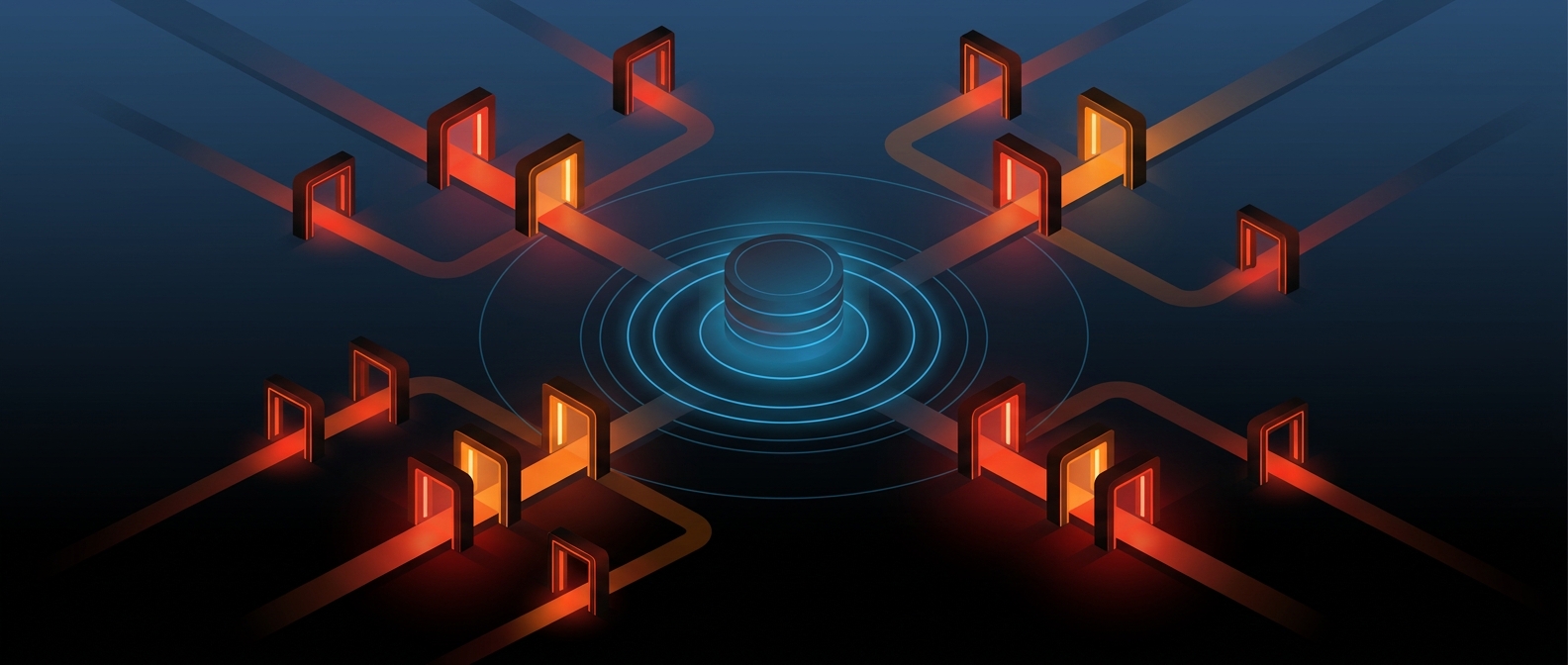 Abstract dark hero image with a protected data core behind verification gates and rings, representing zero-trust data architecture.