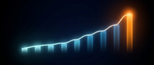 Glowing blue stepped bars rising to a tall orange glowing bar on a dark field.