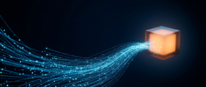 Glowing blue particle streams converging into a cube with a warm orange glowing core on a dark field.