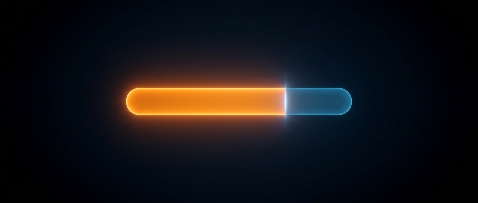 Glowing horizontal bar split into a bright orange portion and a translucent blue portion on a dark field.