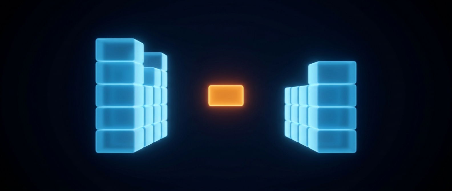 Two glowing blue block stacks with a single orange surplus block floating between them on a dark field.