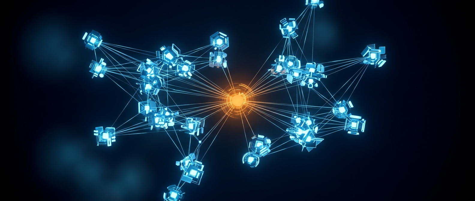 Glowing blue workload nodes connected into a central warm orange hub on a dark field.