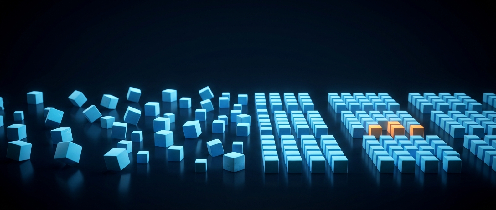 Scattered glowing blue blocks resolving into ordered grids with a small orange cluster on a dark field.