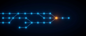 Glowing directed network of blue nodes flowing to a focal orange node on a dark field.