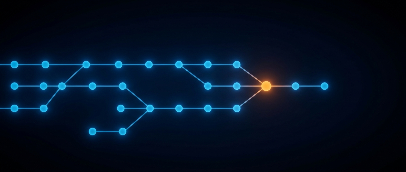 Glowing directed network of blue nodes flowing to a focal orange node on a dark field.