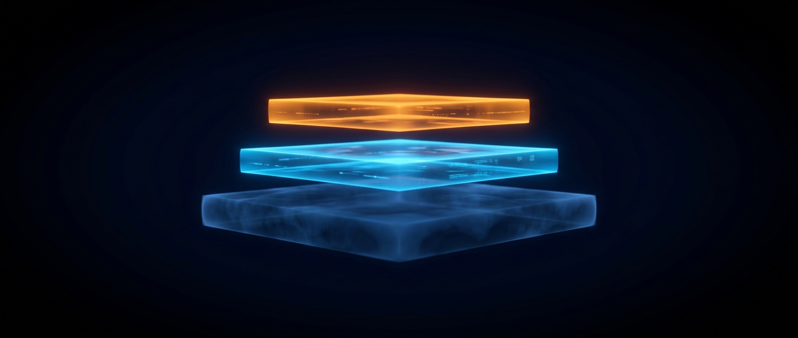 Three ascending glowing layers, blue rising to a warm orange top tier, on a dark field.
