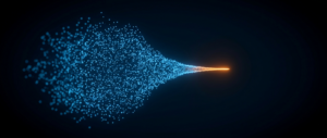 A diffuse blue point cloud converging into a focused orange-cored form on a dark field.