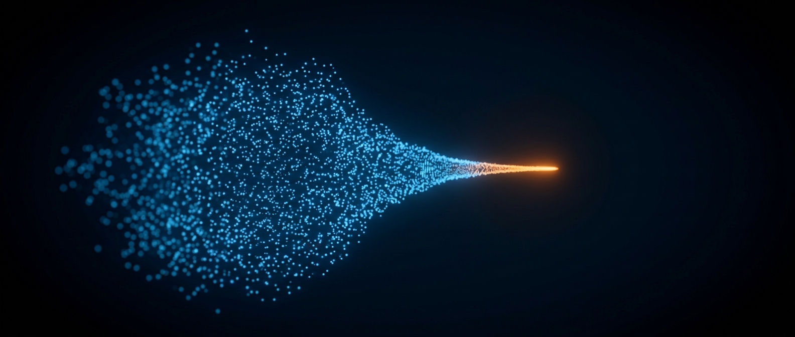 A diffuse blue point cloud converging into a focused orange-cored form on a dark field.