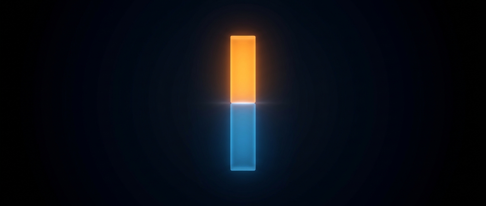 A glowing vertical bar split into a blue lower segment and a bright orange upper segment on a dark field.
